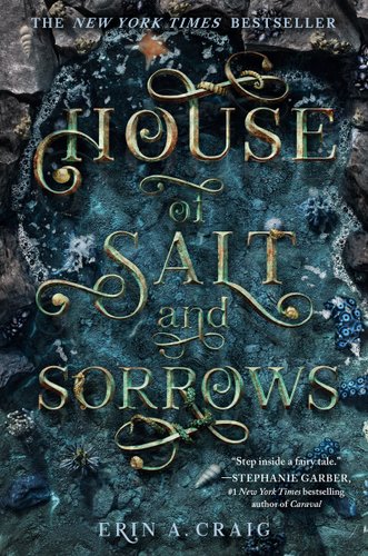 A book cover of a teal tidal pool with shells in it, the title "House of Salt and Sorrows" written in ornate gold lettering over top.