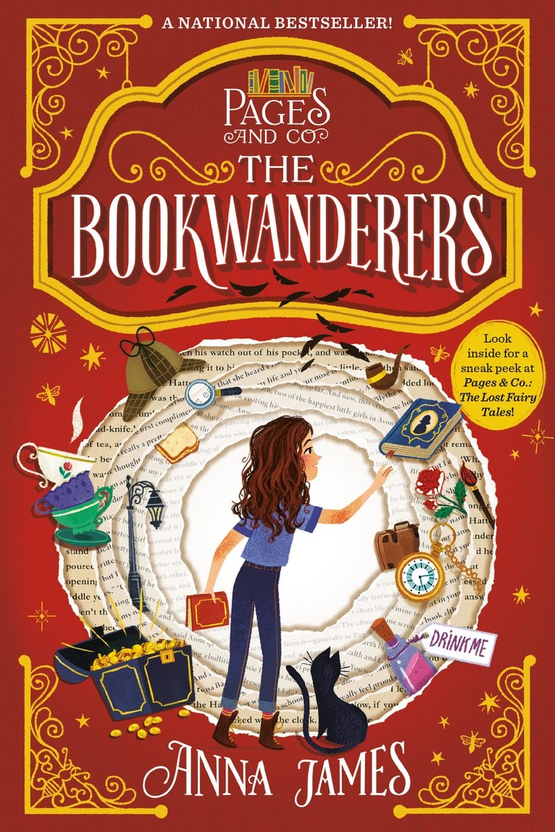 The Bookwanderers By Anna James middle-grade book cover depicting a red background with ornate detailing in each corner. The title is surrounded by scrollwork as well and beneath that is a circle of ripped book pages with icon story items such as a detectives cap, a stack of teacups, a treasure chest, a black cat, a potion bottle, a compass, a red rose, a smoking pipe, and a magnifying glass with a young girl holding a book reaching towards another book that is part of the circle of items.