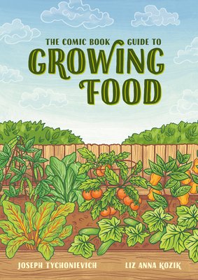 Growing Food book cover with illustrated variety of vegetables including carrots, tomatoes, and other root vegetables hidden in the ground.