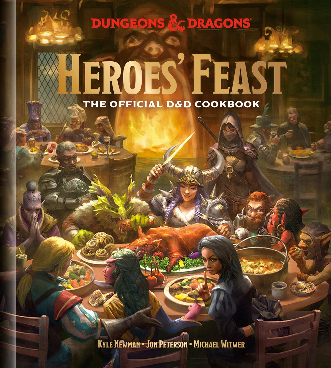 Heroes' Feast (Dungeons & Dragons): The Official D&D Cookbook by Jon Peterson, Kyle Newman, and Michael Witwer book cover. A group of characters (viking, soldier, etc.) sit around a feast in an animated image.