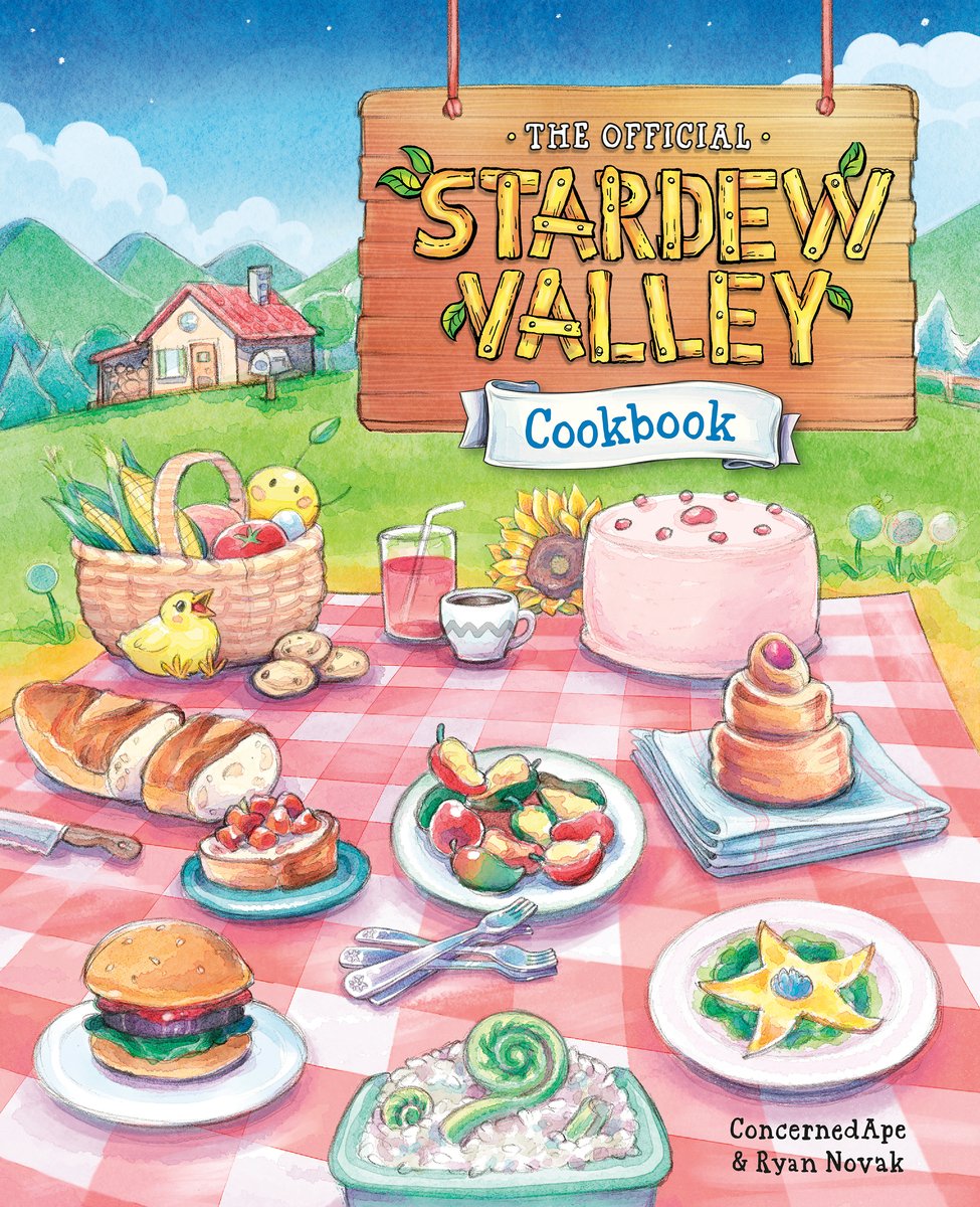 The Official Stardew Valley Cookbook by Ryan Novak book cover. A cartoon picnic is set out on a lawn including a burger, a cake, and a plate of fruit.