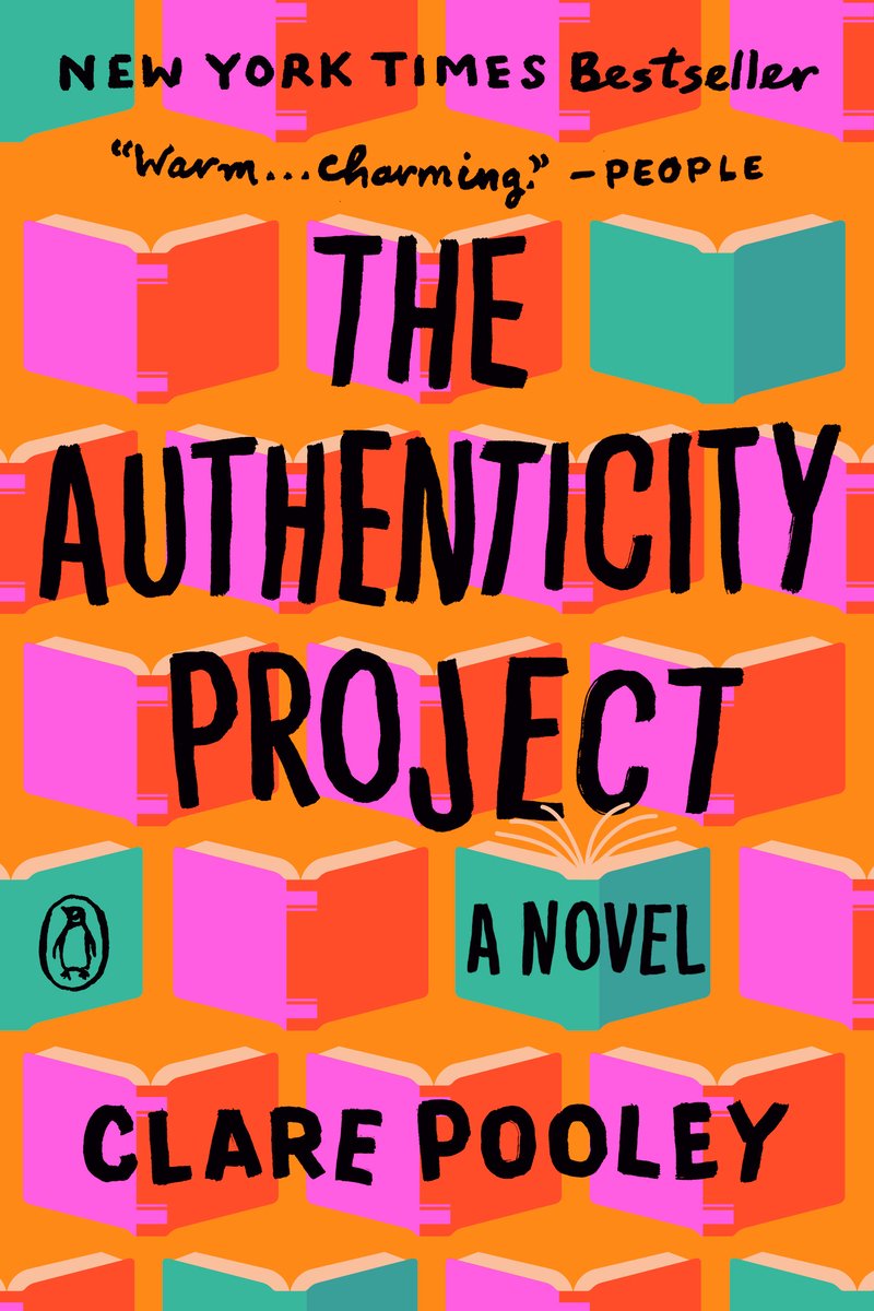 The Authenticity Project by Clare Pooley shows pink and green books opened with their spines facing out in a horizontal linear pattern across the cover.