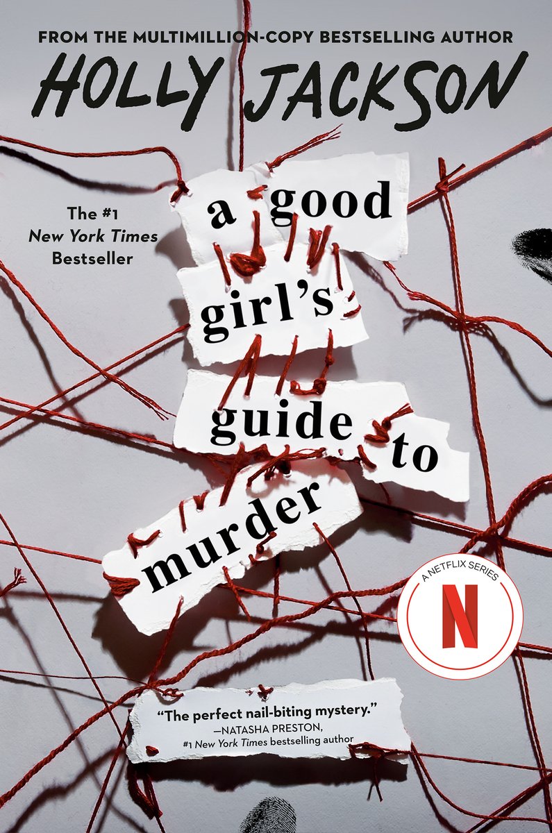 A Good Girl's Guide to Murder by Holly Jackson features a white background with red thread crisscrossed. The title and author's name is in black on separate torn pages on the red thread.