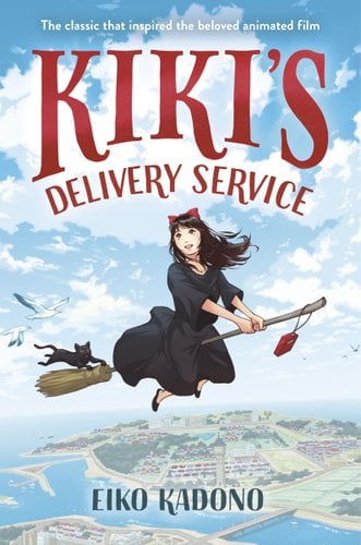A witch flying on a broomstick wearing a black dress and red bow, with a black cat holding onto the back of the broom.