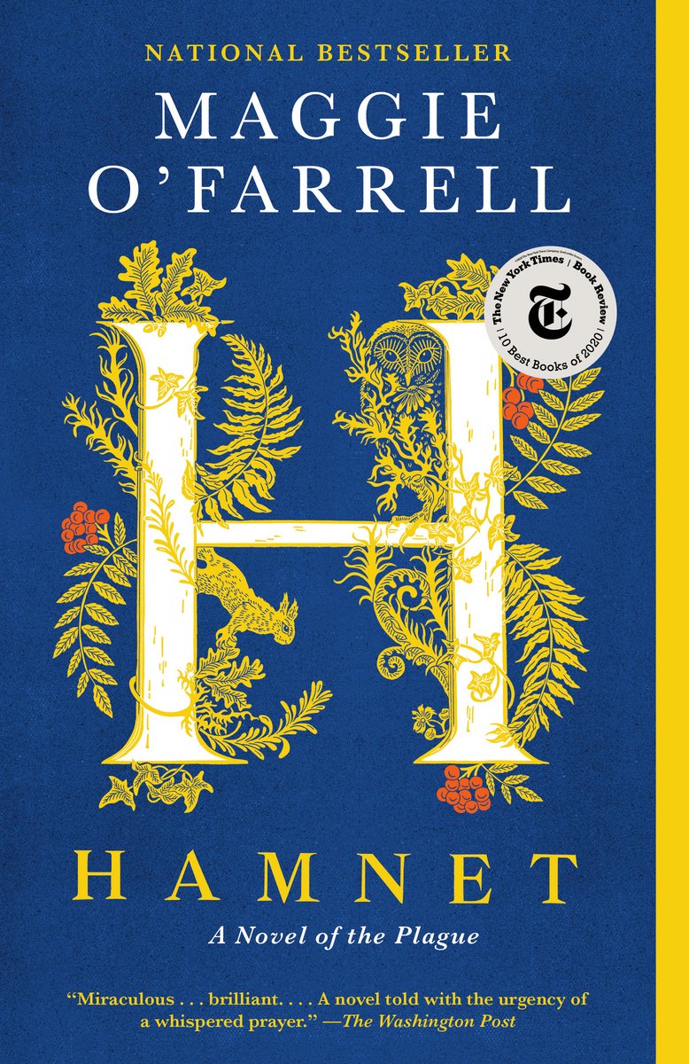 Hamnet book cover of the letter H decorated ornately with gold leaves and flowers against a dark blue background.