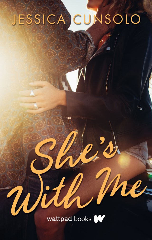 She's with Me by Jessica Cunsolo, book cover. Two figures in the center embracing one another, the girl is sitting on the side of a car.