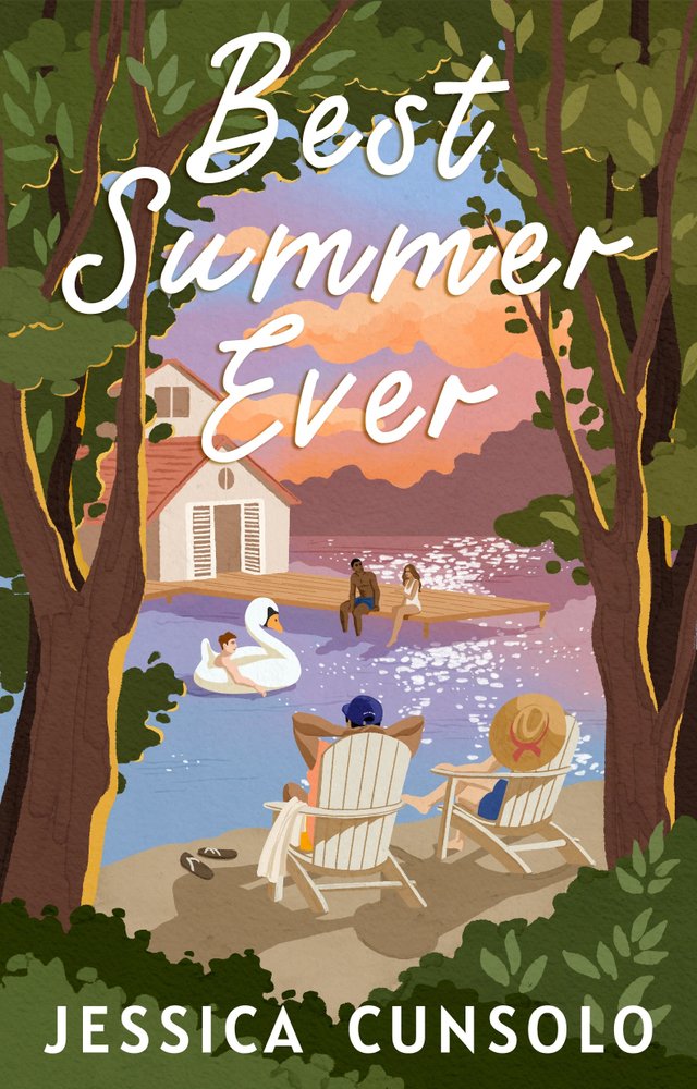 Best Summer Ever by Jessica Cunsolo, book cover. Warm tones featuring two people on beach chairs looking at a group of people on a deck by the water.
