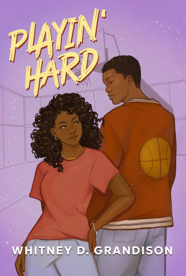 Playin' Hard by Whitney D. Grandison, book cover. A woman and a man in a basketball court. glancing at one another and smiling.