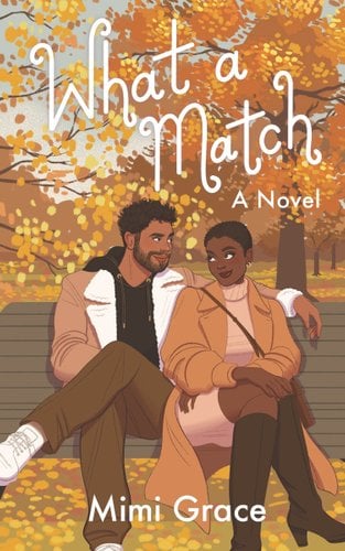 A couple are sitting close together on a bench in the park. It appears to be fall, with many leaves in the background.