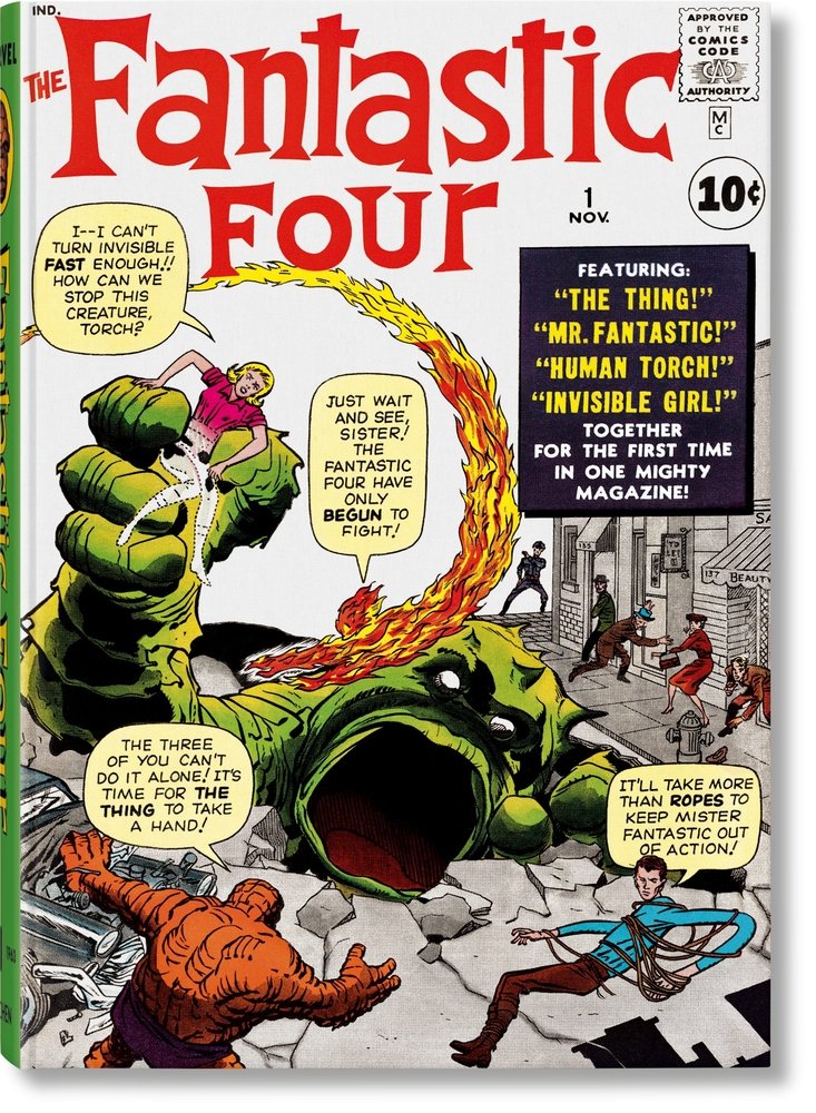 The Fantastic Four by Stan Lee. A green monster emerges from beneath a city street holding the Invisible Woman as the Human Torch, The Thing, and Mister Fantastic all fight back.