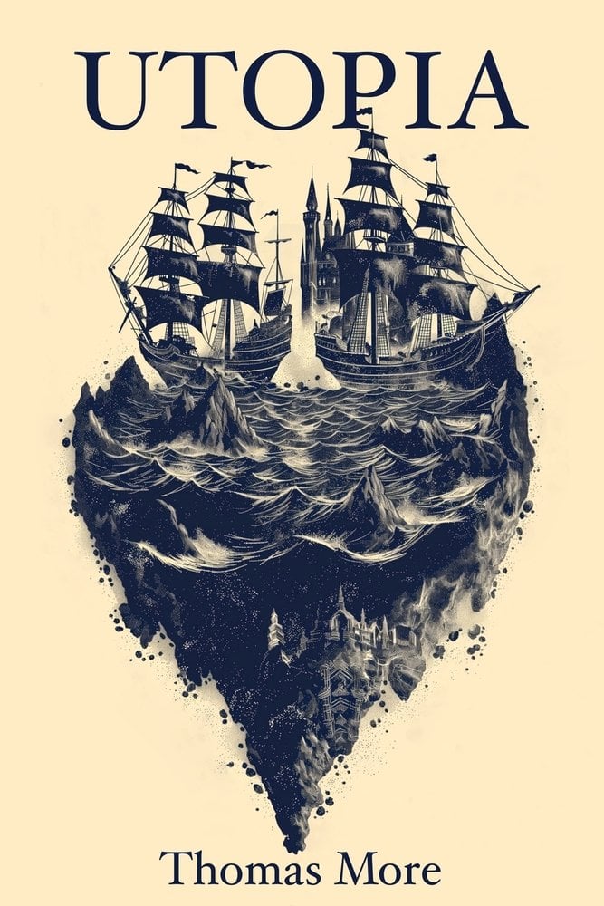 Utopia by Thomas More, a utopian book cover featuring a shadowy, stormy sea with sailing ships.