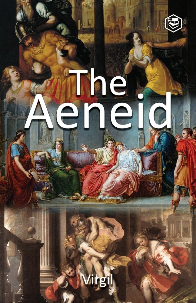 The Aeneid book cover featuring Romans and other gods in three separate parts of the book cover all looking distressed.