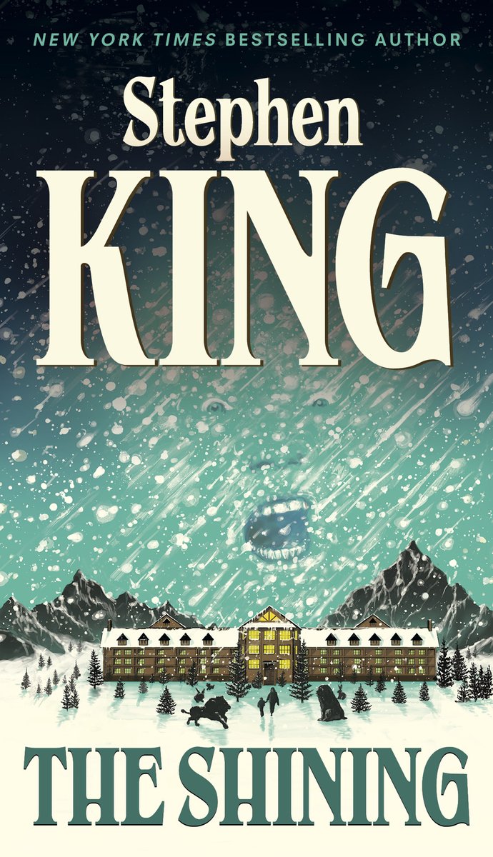 The cover of The Shining by Stephen King, with a transparent face and a building in a snowstorm