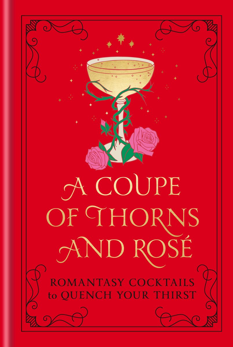 Cover of A Coupe of Thorns and Rosé by Pop Press. It is a red cover with an elegant black boarder. There is a gold chalice in the center with pink roses at the base and the green stems wrapping around the cup.