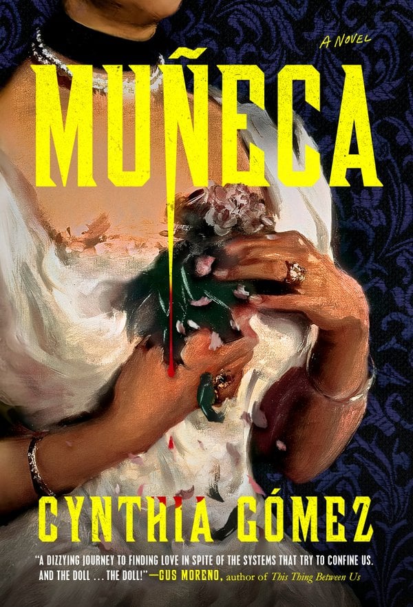 Muñeca by Cynthia Gómez, a fiction book cover depicting a painting of a woman with medium light skin in a formal white dress, holding flowers to her chest. She wears a tight necklace and black choker, the background is a dark purple pattern, and the woman is cut off by the top of the cover at her chin.