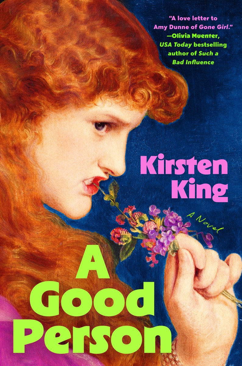 A painting of a woman chewing on a handful of flowers on a dark blue background. The title is in a neon green with the author's name in a neon purple.