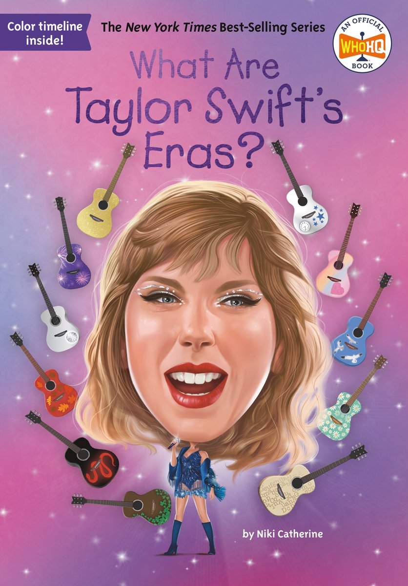 What Are Taylor Swift's Eras? book cover featuring Taylor Swift with a small body and large head. She appears to be mid-show in a navy blue costume and red lipstick on. Several guitars surrounded her that represent her albums on a purple and pink background with silver stars. The title is handwritten at the very top in dark purple text.