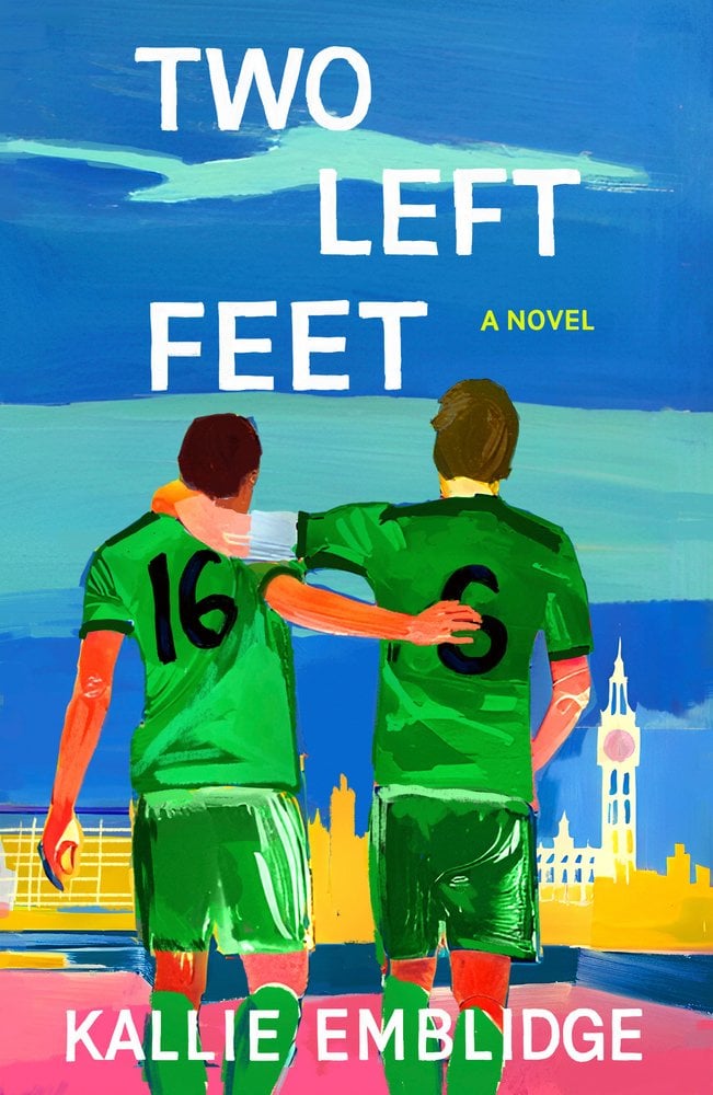 Two Left Feet by Kallie Emblige a soccer romance book cover depicting two men in green soccer uniforms walking away from the audience with their arms around each others shoulders.