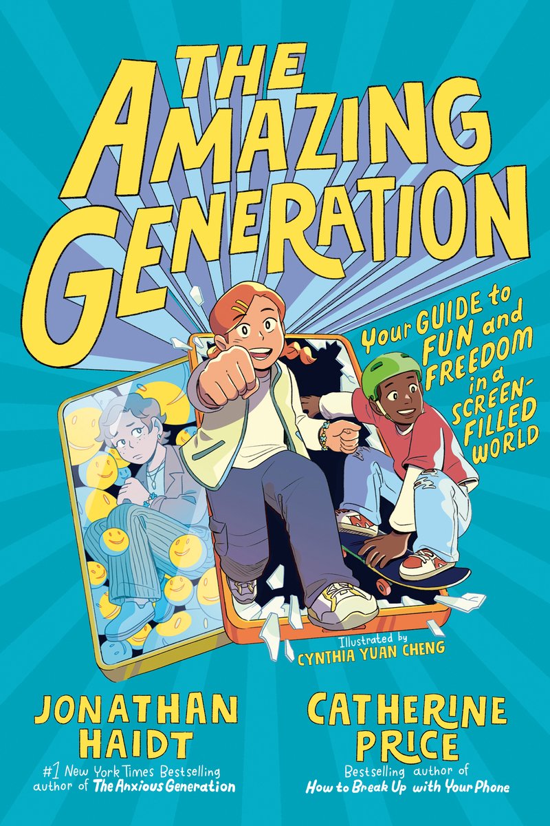 The Amazing Generation by Jonathan Haidt and Catherine Anne Price featuring two kids breaking out of a giant phone and a third trapped in one with smiley face emojis against a blue striped background.