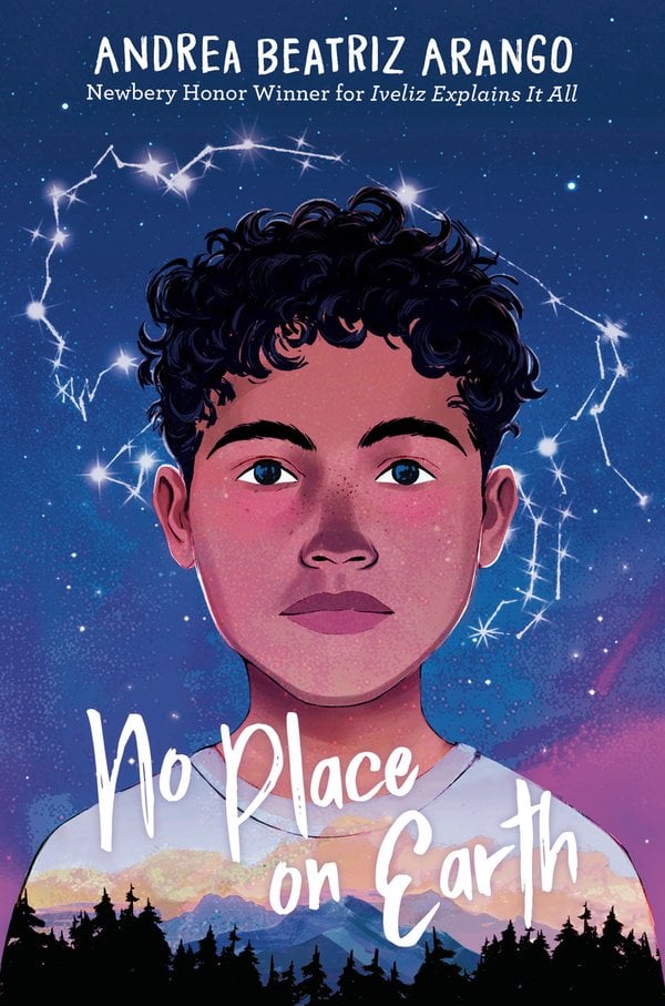 Middle-grade light speculative fiction novel, No Place on Earth, by Andrea Beatriz Arango has a cover featuring the main character, Gustavo. He has tan skin and dark curly hair that is cropped short. He is looking forward with a neutral expression. The title of the book is written across Gustavo's chest in white script. Behind him, there is a starry blue and purple sky with a constellation in the shape of a bison. At the bottom of the cover, there is a row of trees with blue mountains behind them.