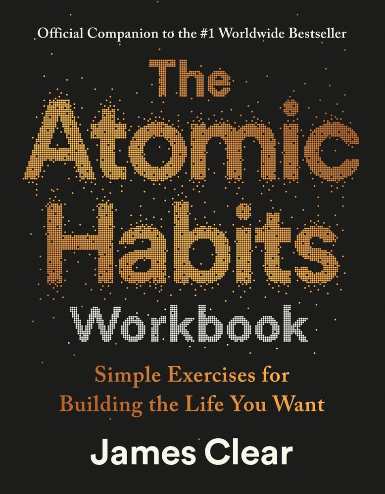 The Atomic Habits Workbook by James Clear book cover featuring a gold pixelated title and Workbook in white pixelated against a black background.