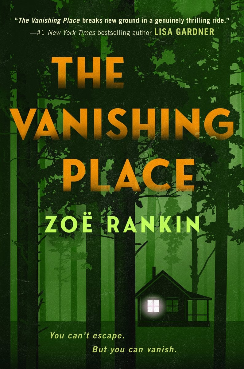 A forest scene in dark green with tree trunks silhouetted. In the center, the glowing light of a small cabin or house is visible.