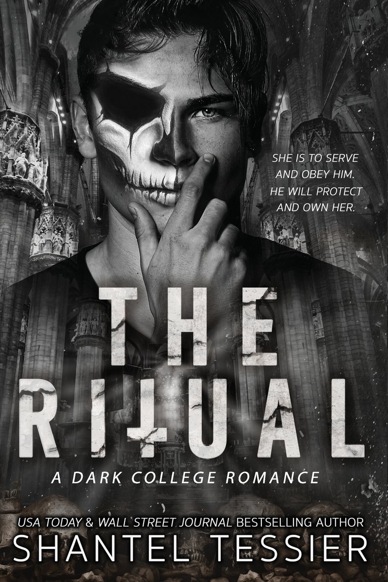 Black and white cover of The Ritual by Shantel Tessier. There is a man on it, half of his face is a skull mask and the other half is normal. There is intricate artiecture behind him.