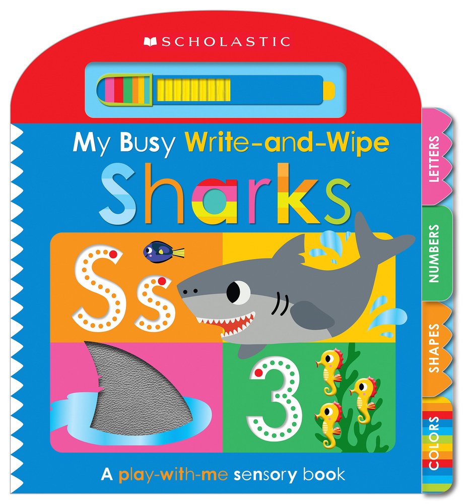 Book cover of My Busy Write-and-Wipe: Sharks by Scholastic Early Learners, featuring a gray shark and three yellow seahorses in colorful panels.