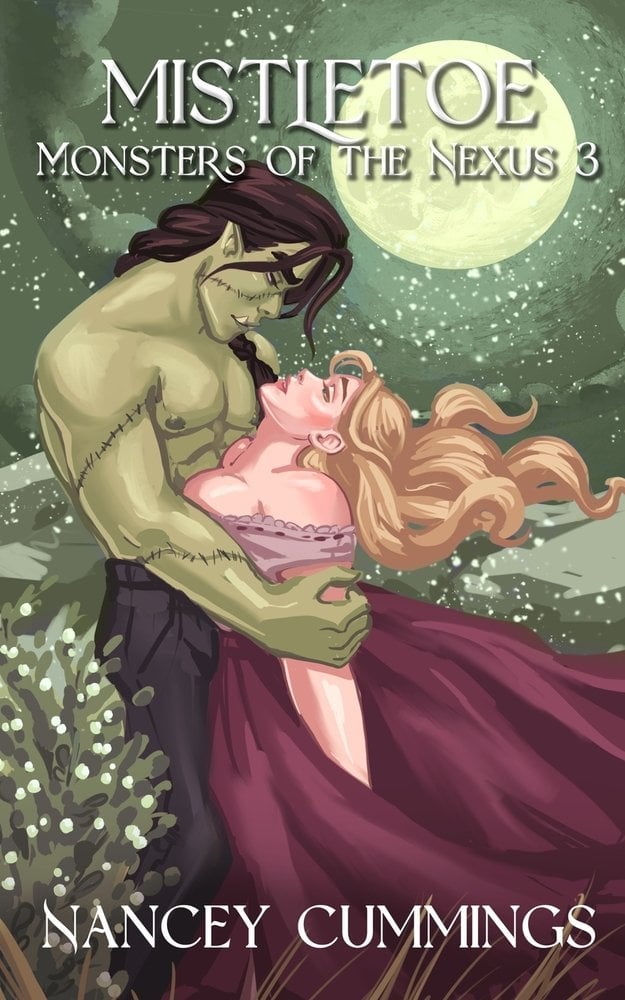 Mistletoe by Nancey Cummings holiday romance book cover depicting a green male figure with scars across various parts of his body embracing a woman with light skin tone in a maroon, low-cut dress. Behind them, a green sky flurries with snow and a large yellow moon hangs in the sky.