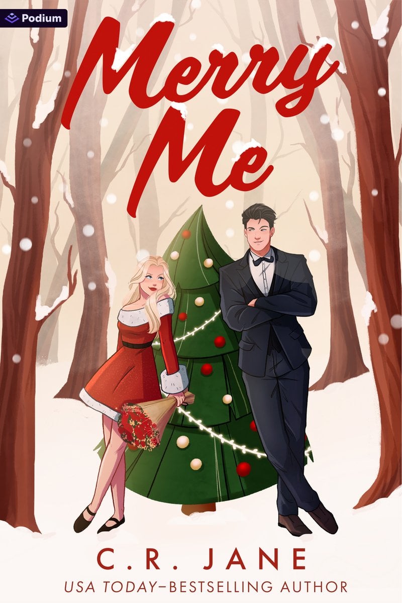 Merry Me by C.R. Jane, a holiday romcom book cover depicting an illustration of a man and woman in tux and dress leaning against a trimmed Christmas tree outside int he snow surrounded by trees.