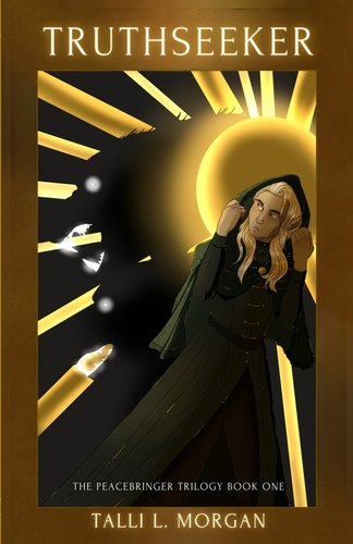 Truthseeker by Talli L. Morgan, book cover depicting a caped person under a bright illustrated sun