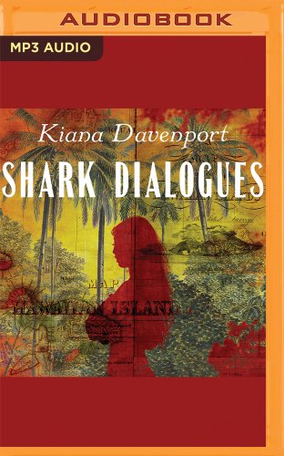 Audiobook cover of Shark Dialogues by Kiana Davenport; red silhouette of young Hawaiian woman standing in front of lush island landscape
