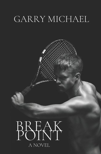 Book cover displays author's name and title, with completely black background and a singular shirtless male with a tennis racket in hand.