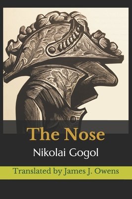 The cover of The Nose by Nikolai Gogol. There is a charcoal looking drawing of a nose wearing a military cap and uniform.