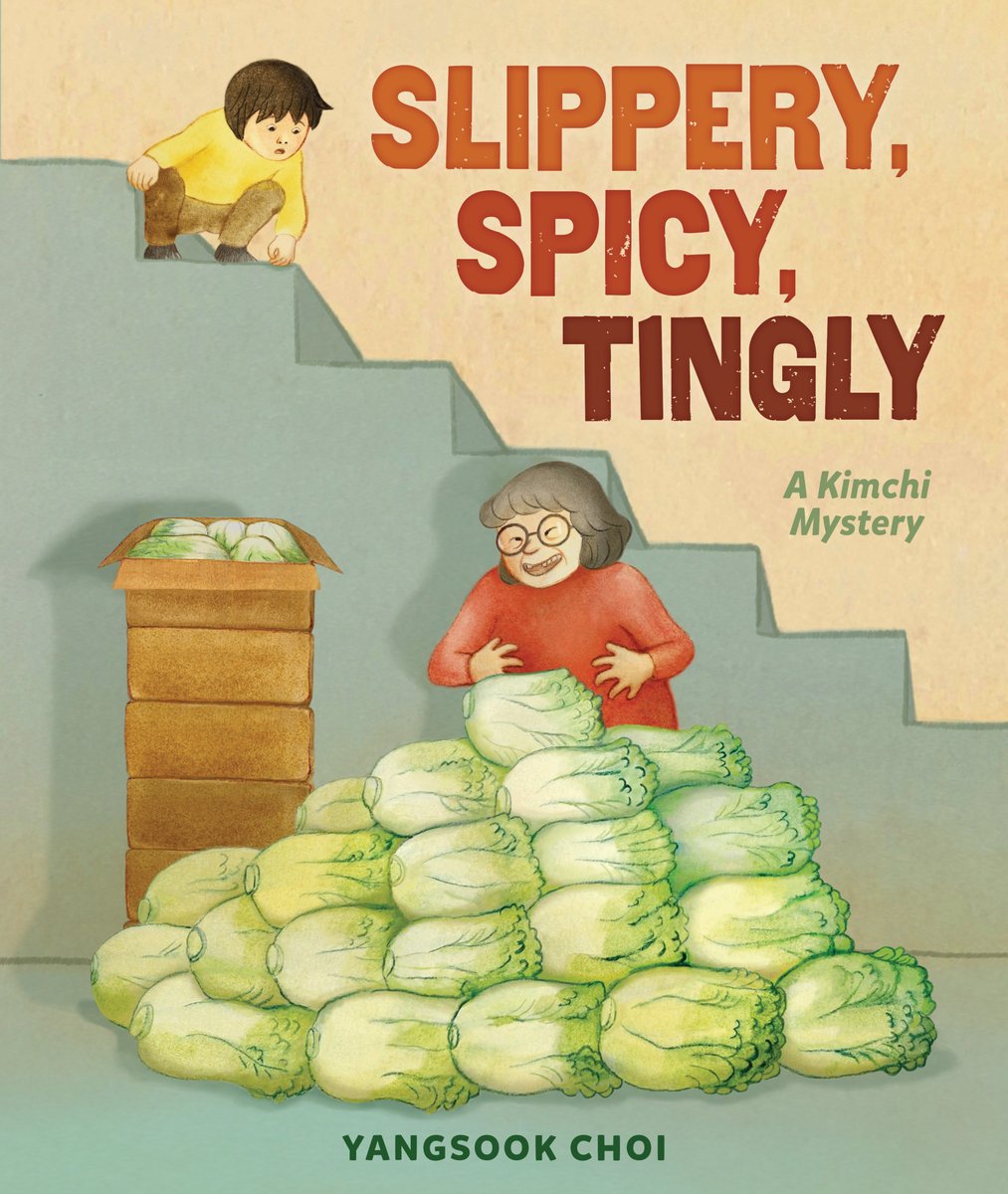 Book cover of "Slippery, Spicy, Tingly: A Kimchi Mystery" by Yangsook Choi, featuring a light-skinned boy with short dark hair squats at the top of a staircase, looking down at a grinning light-skinned elderly woman with short gray hair standing behind a large mound of cabbage; next to her are several stacked boxes, the top box open to reveal more cabbage.