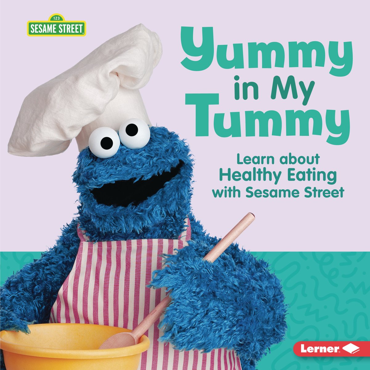 Book cover of Yummy in My Tummy: Learn about Healthy Eating with Sesame Street by Charlotte Reed, featuring a blue monster puppet with goggley white eyes wearing a chef's hat and apron stirring a wooden spoon in a mixing bowl.