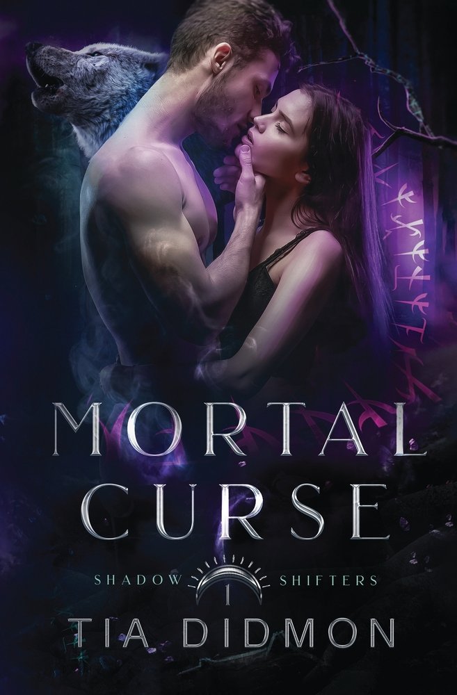 A cover of Mortal Curse by Tia Didmon. There is a man and a woman on the cover. On the man's side is a wolf, while the woman's side has a glowing purple area with strange symbols.