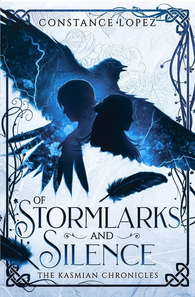 The cover of Of Stormlarks and Silence, a YA romantasy novel, depicts a bird with its wings outstretched with a blue toned silhouette of a girl and boy back to back. The background is white with flower accents and blue border.