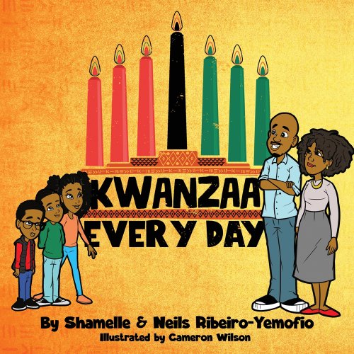 Three kids wearing jeans and long-sleeve shirts stand on one side of seven candles and the title of the book, while two adults wearing dressier clothing stand on the other side. The title sits in the middle of the cover in big, black lettering. The author's name is in small, black lettering at the bottom. The background is a warm yellow orange.