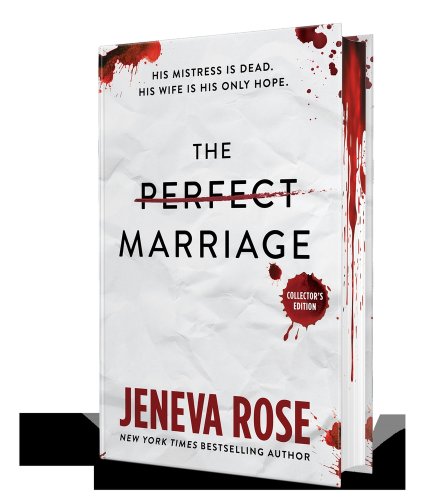 A book is stood at an angle, showcasing the red paint imitating a blood stain on the book edge. The book cover is plain white, with red splotches, "The Perfect Marriage" written in black in the centre and "Jeneva Rose" at the bottom in red.