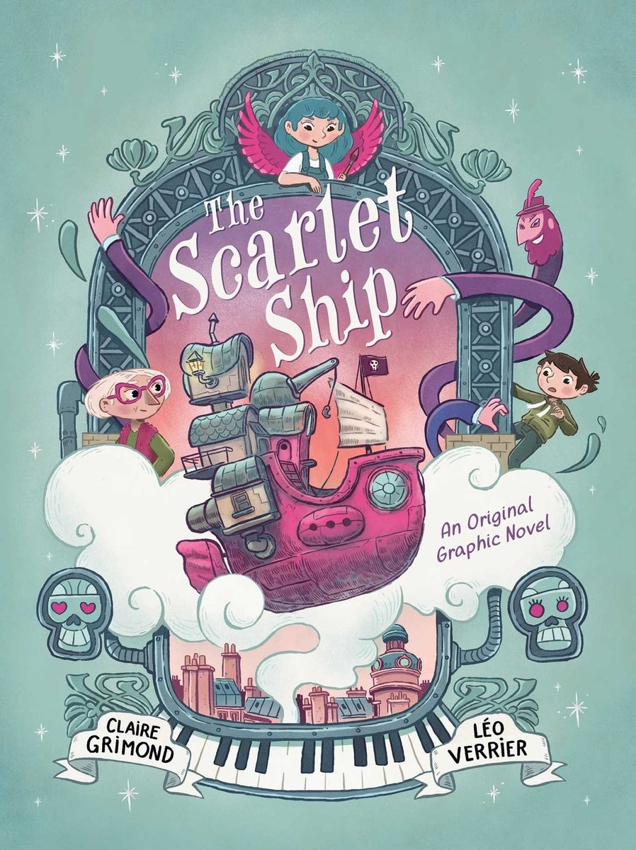 Book cover of The Scarlet Ship by Claire Grimond, Illustrated by Léo Verrier, Translated by Rebecca Potters, featuring a group of light-skinned figures diverse in hair color/texture, age, and gender presentation, looking at a flying red pirate ship that is flying through white puffy clouds.
