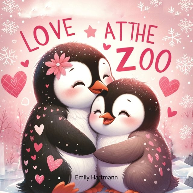 Love at the Zoo by Emily Hartmann and illustrated by Emily Hartmann, shows two penguins, a mother and baby penguin, hugging each other on snowy ground, pink background with snowflakes and hearts around the title, title in pink color, book cover