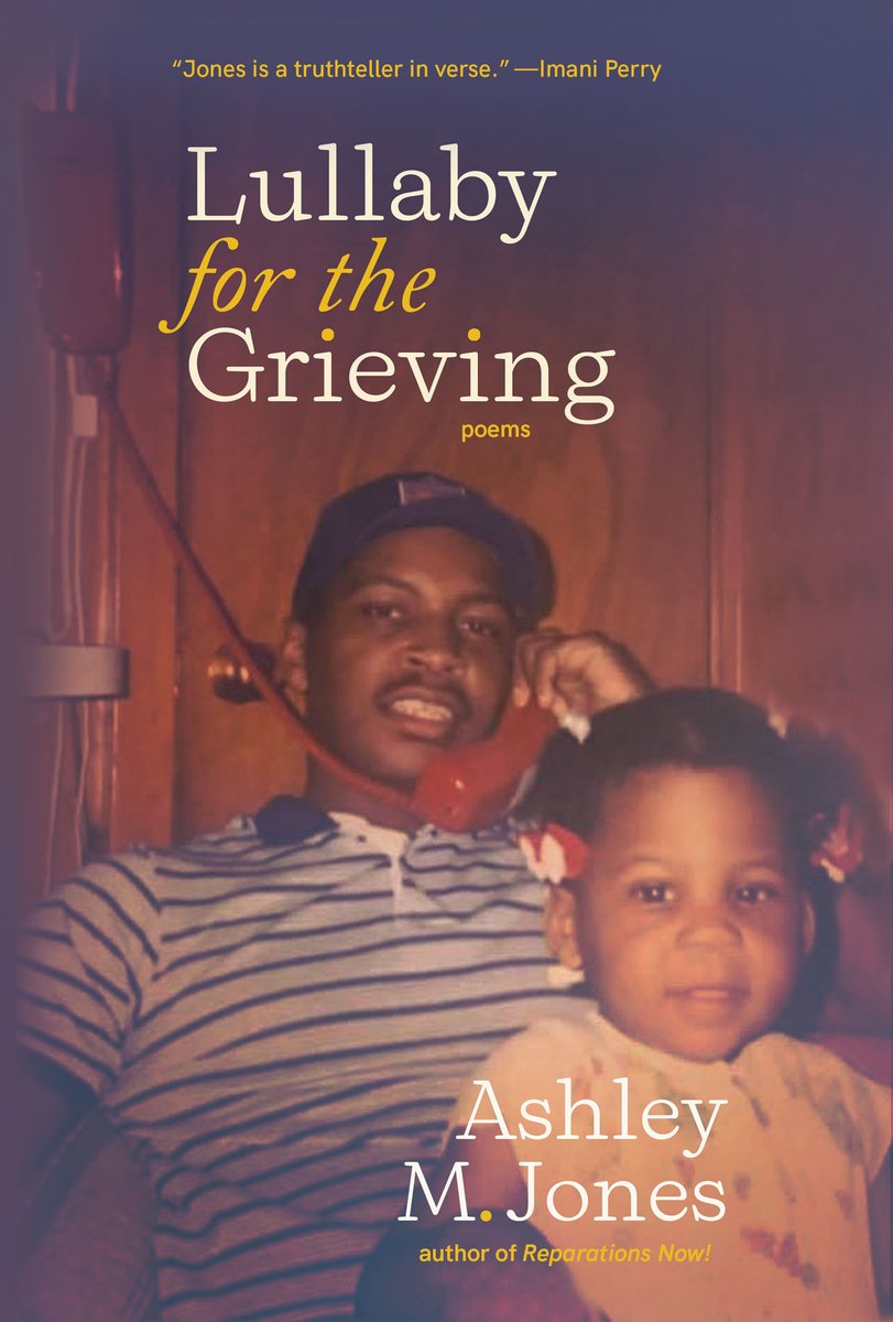 A book cover of Lullaby for the Grieving by Ashley M. Jones. The cover features a father and his daughter. The dad is on the phone. They are both facing the audience.