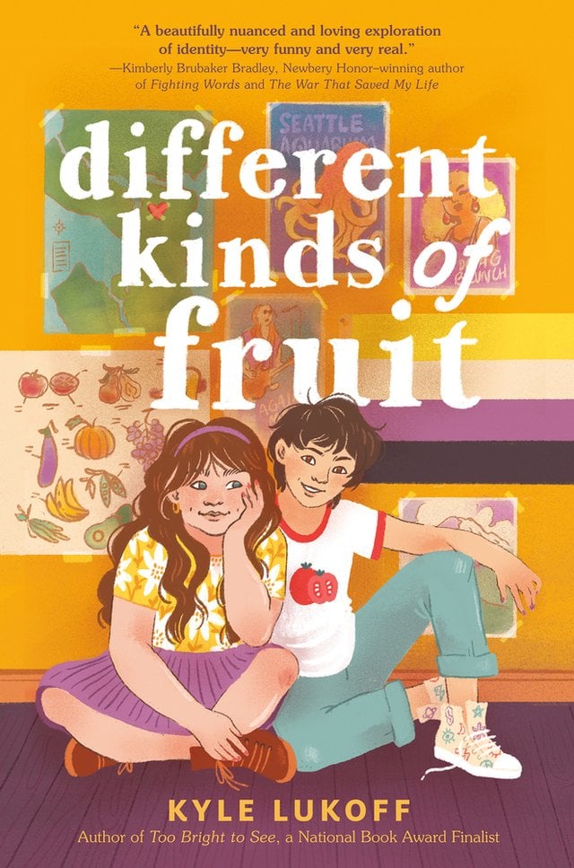 An illustration of two kids on the ground, one in a skirt and the other in jeans and a tee, with posters on the wall behind them of fruit and the non-binary flag