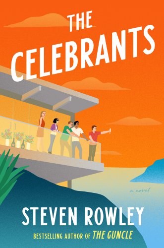 Five friends stare at the view from a balcony, one with a champagne glass in his hand. The sky is orange.