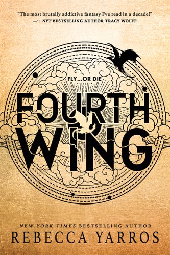 Fourth Wing by Rebecca Yarros book cover, featuring black text over a shield-like design of clouds and dragons on a tan background.