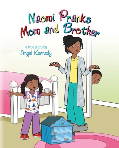 There's a woman standing beside a little girl in a room with a bed and dollhouse. Outside the door, a young boy peeks his head in. The woman and young boy are smiling, while the little girl looks upset. The tile is above the woman's head. The author's name is on the left side of the woman's shoulder.
