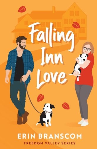 Falling Inn Love by Erin Branscom book cover featuring a man and a woman holding puppies surrounded by falling leaves.