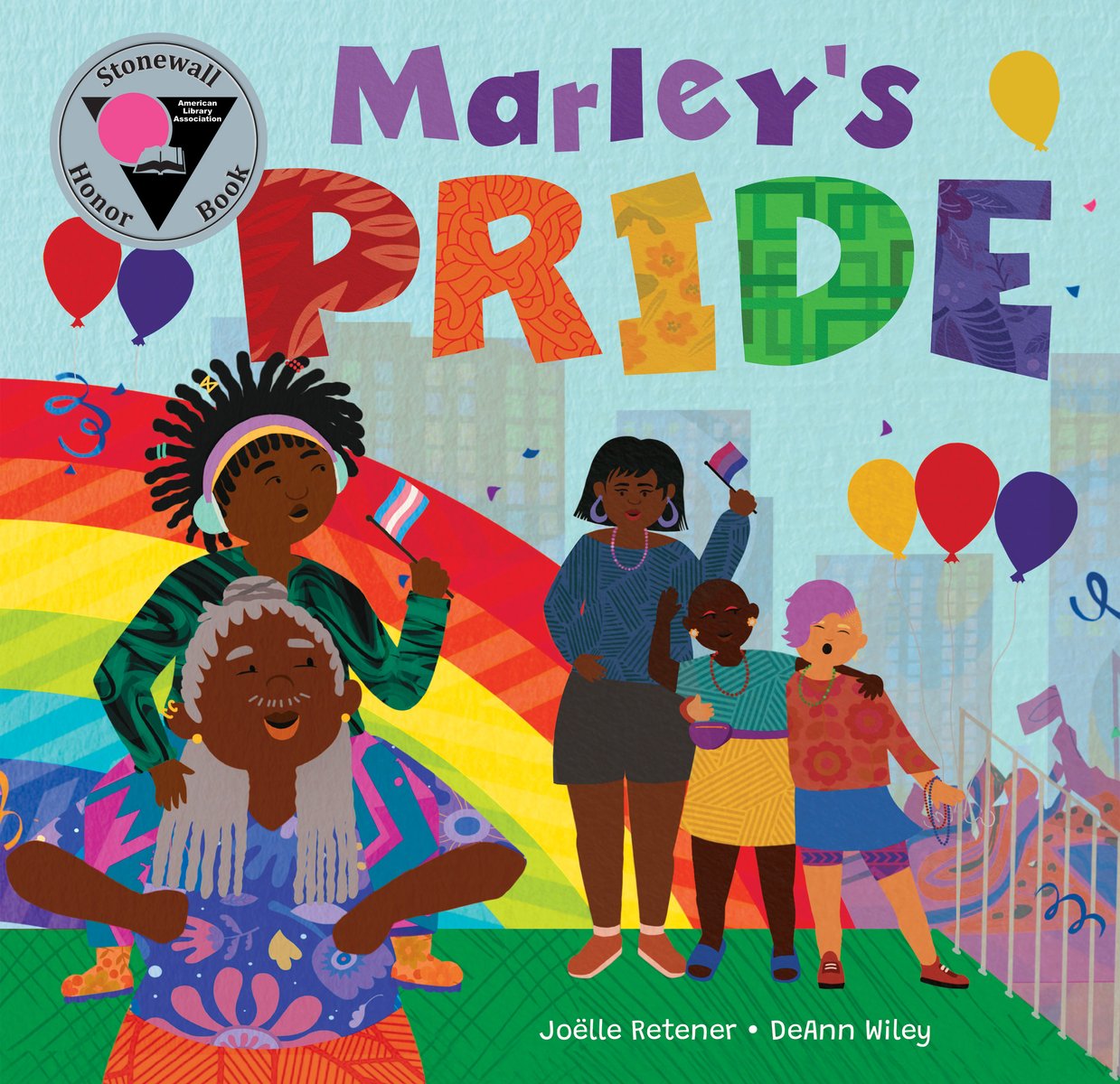 Book cover of Marley's Pride by Joëlle Retener, Illustrated by DeAnn Wiley, featuring a brown-skinned child with dark cornrowed and braided hair, wearing noise-cancelling headphones and sitting on the shoulders of an elderly adult with gray cornrowed and braided hair and a gray mustache; behind them, a group of people celebrate pride by waving flags and hugging.