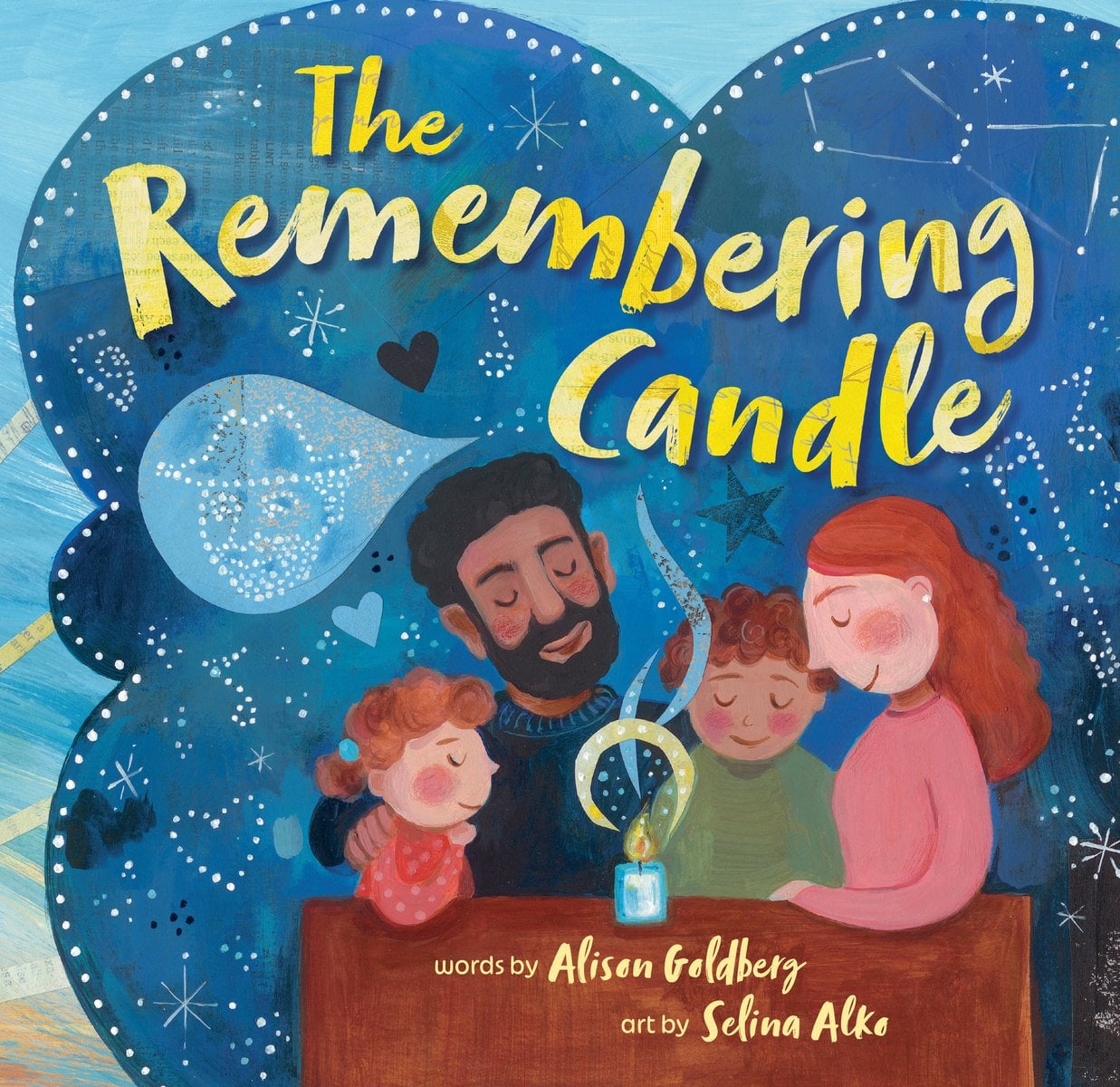 The Remembering Candle by Alison Goldberg book cover features a family of four as they gather around a lit candle with content expressions. A sea of stars appear behind them with the title inside it in bright, gold font.